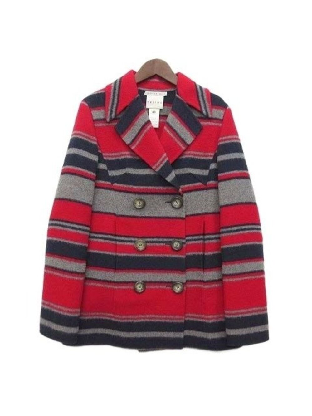Celine Wool Double Face Border Peacoat Red Navy Gray Coat 36